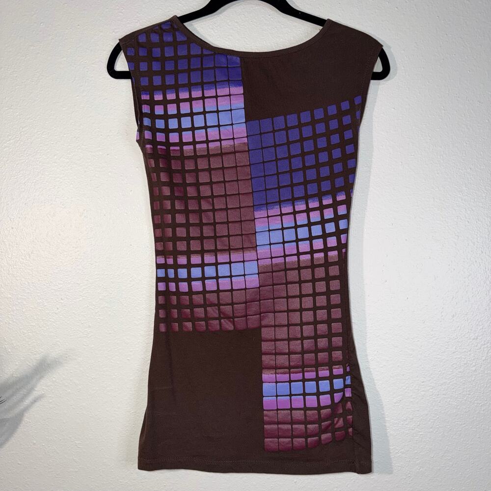 Ellemenno Y2K Abstract Grid Tank Top - Brown & Purplewa1q